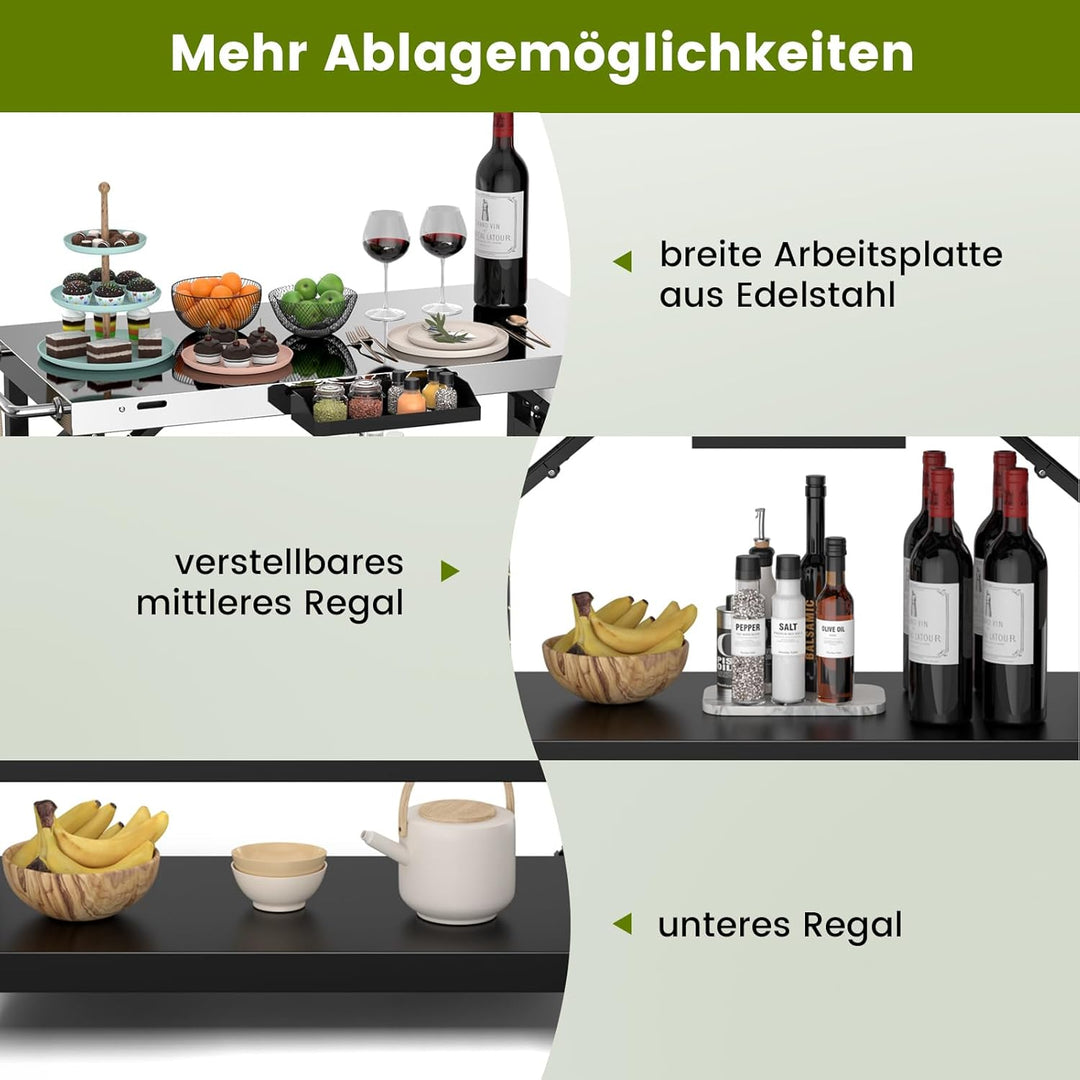 COSTWAY Grilltisch mit 3 Ablagen, Grillwagen mit Verstellbarer Ablage, Telefonständer, Gewürzregal,