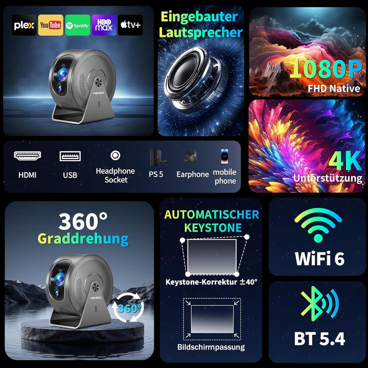 [Integrierte App] Mini Beamer Unterstützt 4K 1080P 2026, Projektor Auto Fokus und Trapezkorrektur, 3