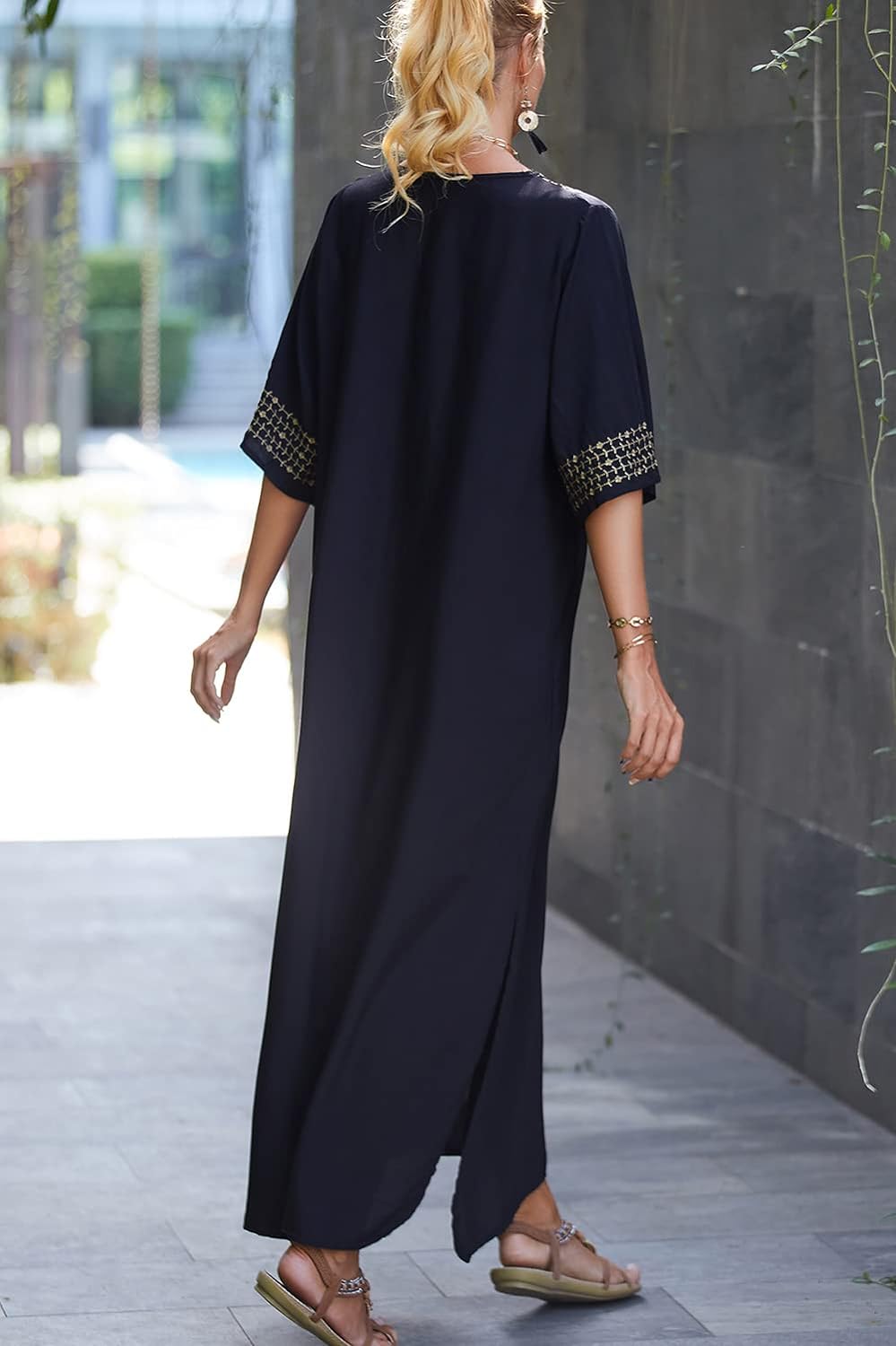 L-Peach Damen Stickerei Kaftan Loungewear Homewear Übergrosse Kimono Maxi Strandkleid Cover Ups Robe