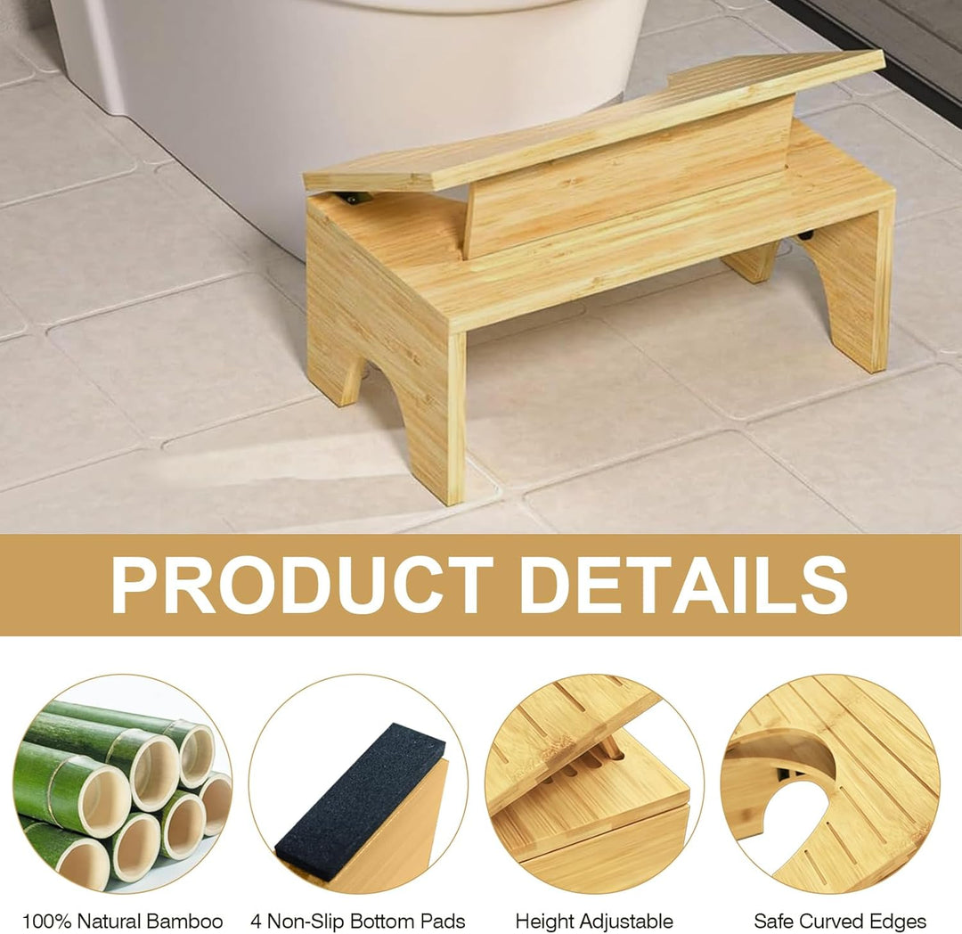 Toilettenhocker Klappbar aus Bambus – Ergonomischer WC-Hocker mit 4-stufiger Höhenverstellung (18–27