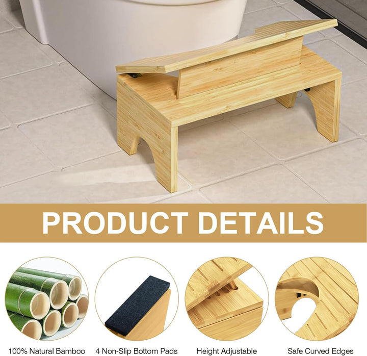 Toilettenhocker Klappbar aus Bambus – Ergonomischer WC-Hocker mit 4-stufiger Höhenverstellung (18–27
