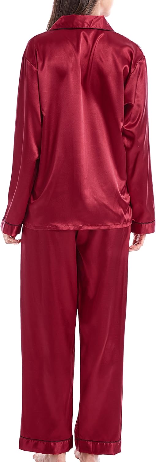 Damen Schlafanzug Pyjama Satin Lang Nachtwäsche Set Klassische Loungewear S Burgunder mit Schwarzer