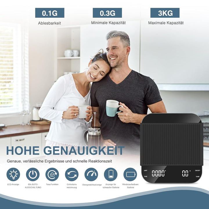 Kaffeewaage mit Timer, Espresso Waage 3kg/0.1g, Hochpräzise Feinwaage, type-C Wiederaufladbare Küche