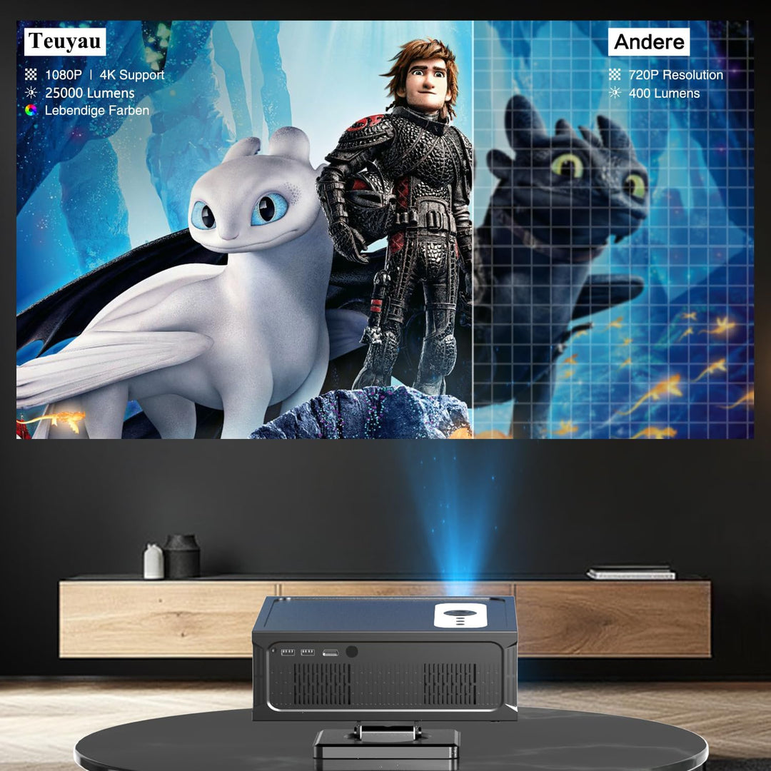 Smart Beamer Full HD 1080P Unterstützt 4K, Projektor 4K mit WiFi 6 BT 5.0 und 360° Abnehmbarer Ständ