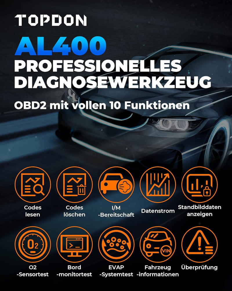 TOPDON AL400 OBD2 Diagnosegerät, 10 OBD2 Modi, One Touch I/M Bereitschaftstaste, lebenslange Updates