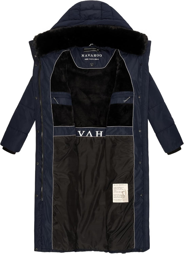 Navahoo Damen Wintermantel Warmer Steppmantel extralang mit Abnehmbarer Kapuze Hingucker XIV XS-XXL