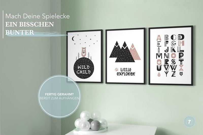 Papierschmiede® Kinderbilder 3er Set, A4 gerahmt in Holzrahmen (schwarz), Geschenk für Jungen & Mädc