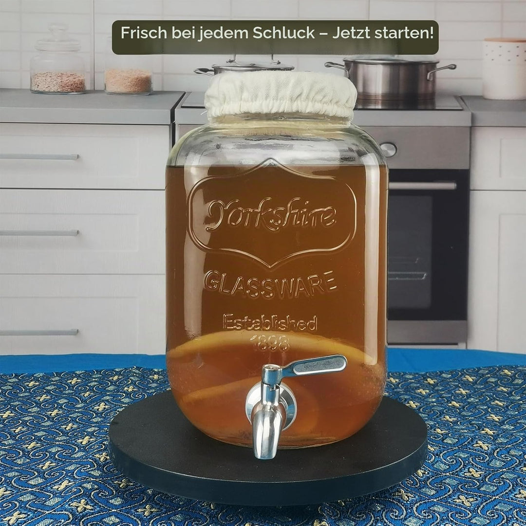 Kombucha Brauset mit 5,0L Glasfermenter &amp; Hahn – Komplett-Set mit Edelstahl-Trichter, Tuch, Temperat