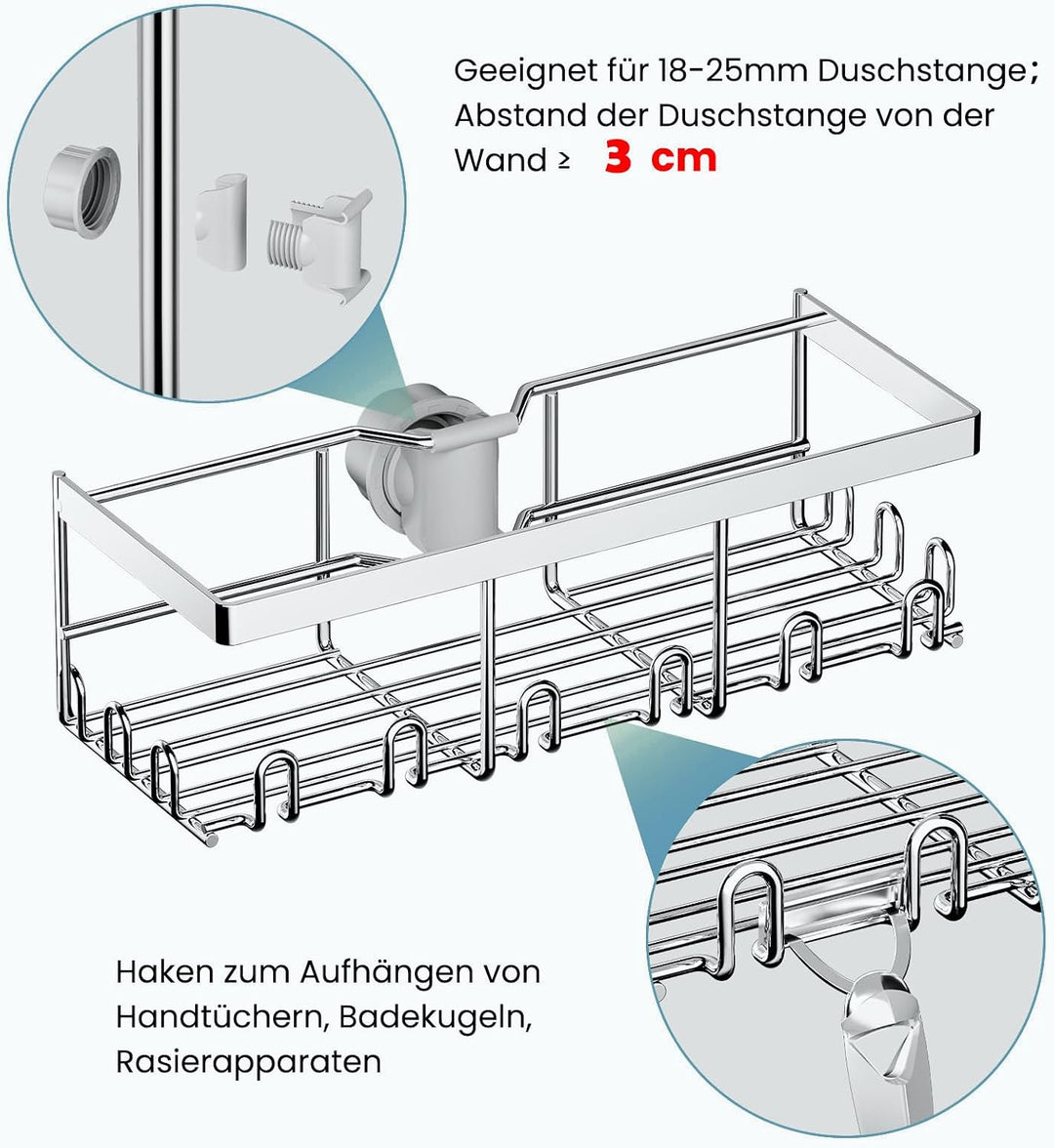 2 Stück Duschablage Ohne Bohren, Duschregal für RUNDE Stangen 18mm-25mm Duschstange (Nicht für Quadr
