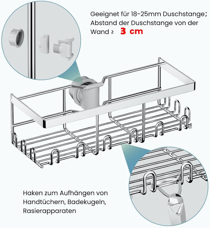 2 Stück Duschablage Ohne Bohren, Duschregal für RUNDE Stangen 18mm-25mm Duschstange (Nicht für Quadr