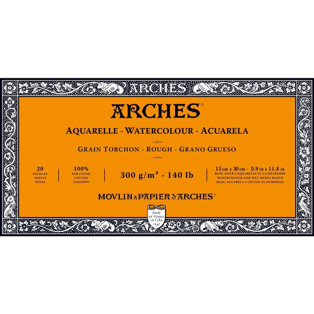 Arches 1795082 Aquarellpapier im Block (15 x 30 cm, 4-seitig geleimt, 300g/m² Grobkorn) 20 Blatt nat