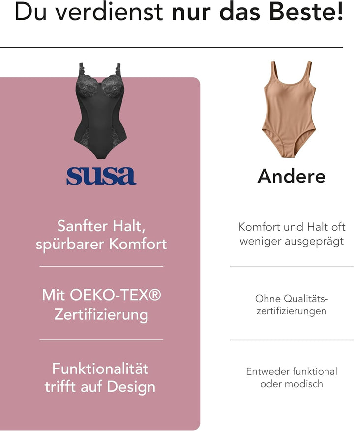 SUSA Body Damen ohne Bügel I Serie Latina I Modischer Body mit hübscher Spitze im Cup &amp; am Beinaussc