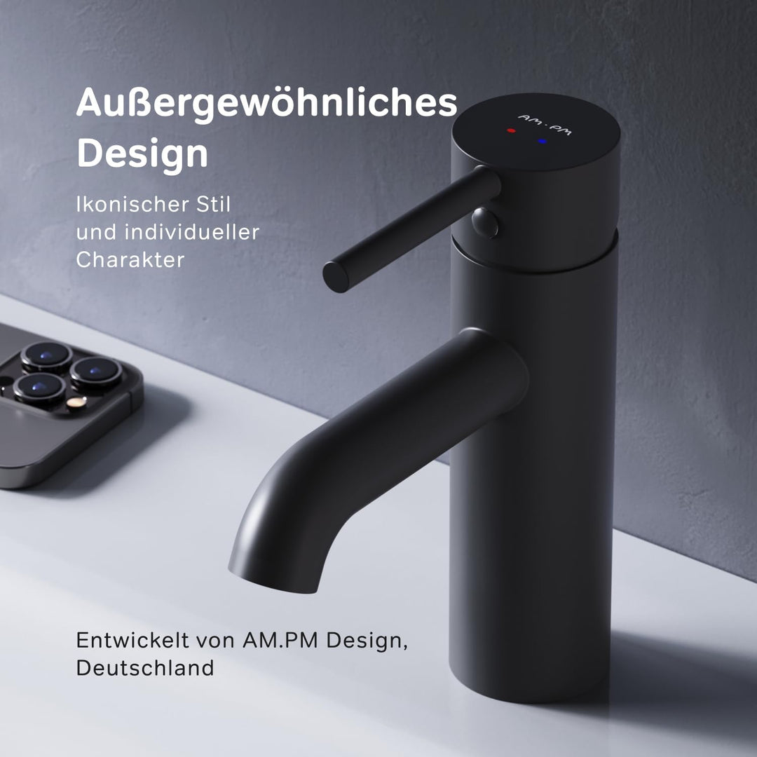 AM.PM Spike Waschtischarmatur Schwarz – Elegante Badarmatur mit Klick-Ablaufgarnitur, Hochwertiger W