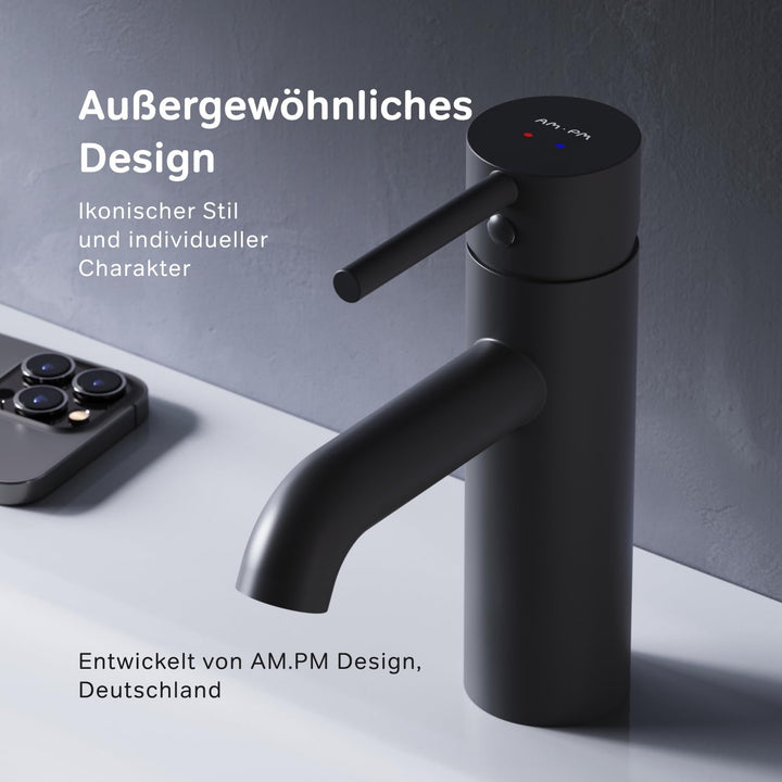 AM.PM Spike Waschtischarmatur Schwarz – Elegante Badarmatur mit Klick-Ablaufgarnitur, Hochwertiger W