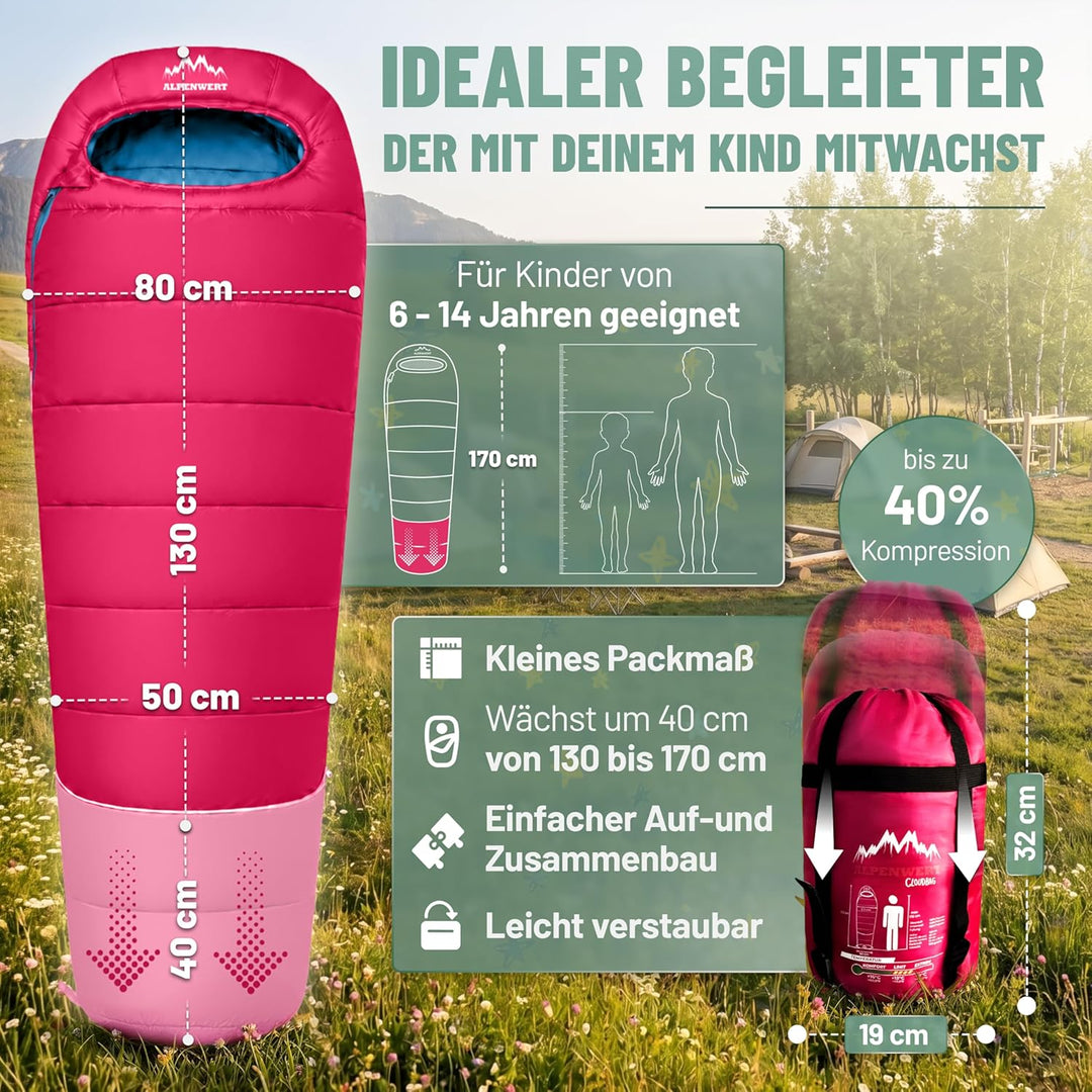 ALPENWERT® Kinderschlafsack Sommer – wächst mit! [130–170cm] – Nur 920g, Kompakt [32×19cm] – Perfekt