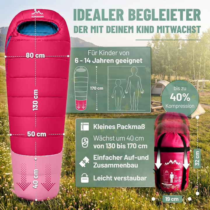 ALPENWERT® Kinderschlafsack Sommer – wächst mit! [130–170cm] – Nur 920g, Kompakt [32×19cm] – Perfekt