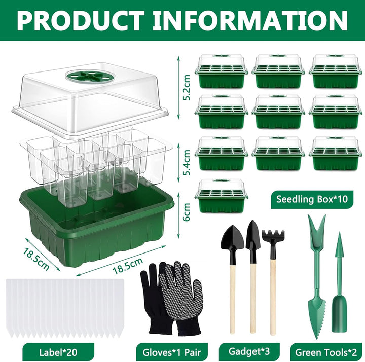 Zimmergewächshaus Anzuchtkasten, 10 Stück 120 Zellen Mini Gewächshaus Anzucht Set mit 2 Gartengeräte