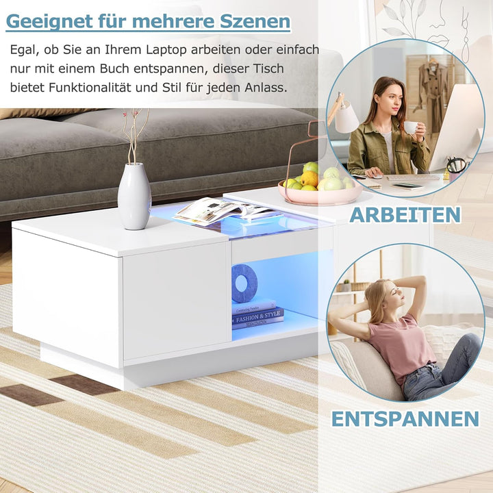 Merax Couchtisch Hochglanz mit LED Beleuchtung, Mitteltisch Teetisch für Wohnzimmer, Weiss Wohnzimme