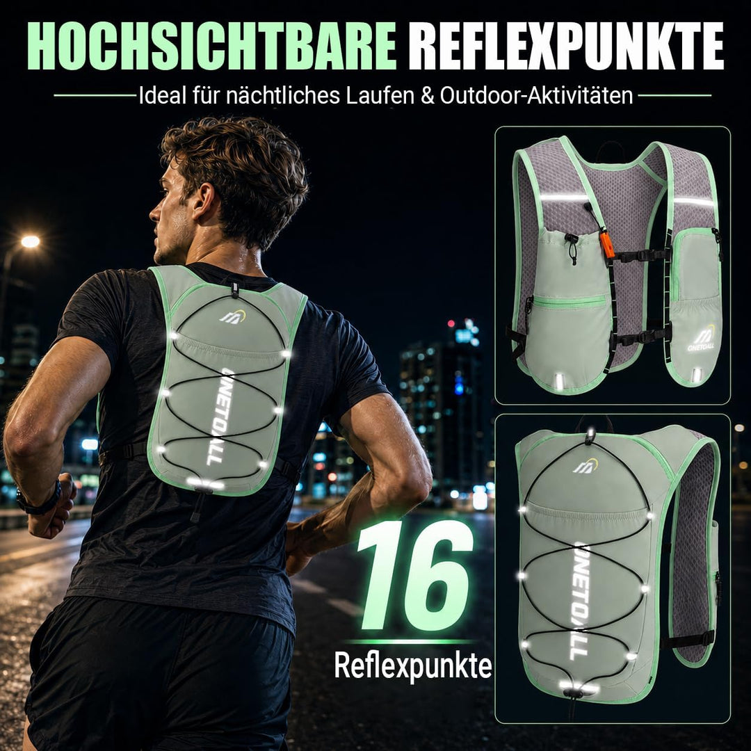 Laufweste Damen mit 500ml Trinkflasche/2L Trinkblase, Leichter Trinkrucksack Laufen Herren 6L, Runin