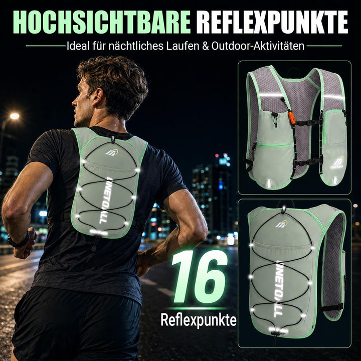 Laufweste Damen mit 500ml Trinkflasche/2L Trinkblase, Leichter Trinkrucksack Laufen Herren 6L, Runin