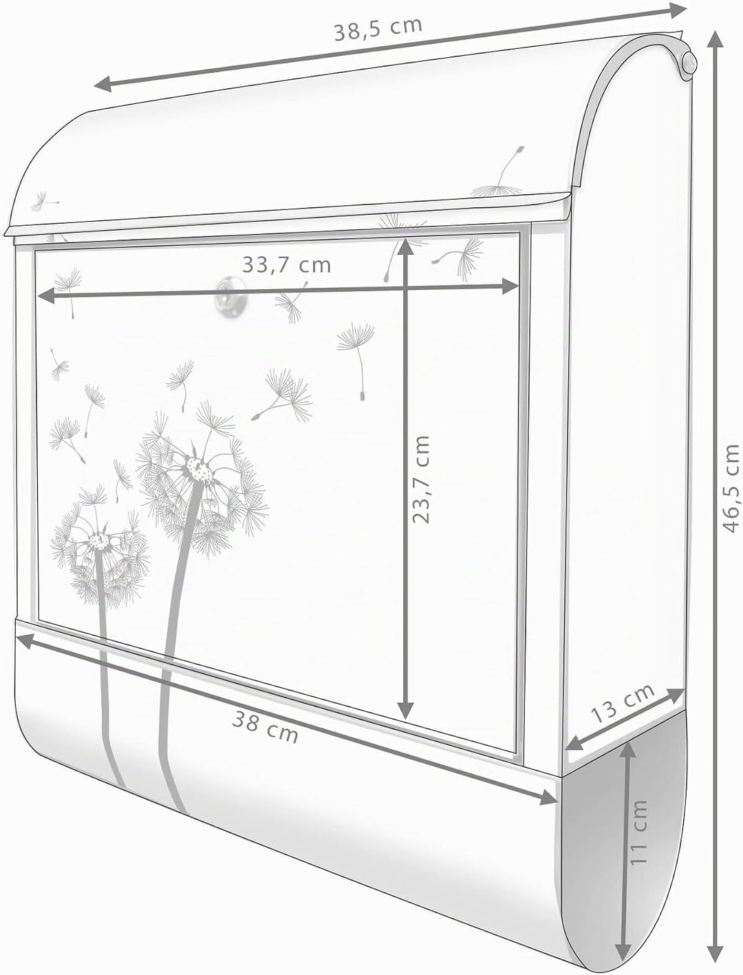 banjado® Design Briefkasten mit Motiv Pusteblume 2 39x47x14cm &amp; 2 Schlüssel - Briefkasten Stahl Silb