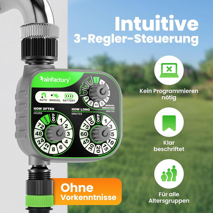 rainfactory Bewässerungscomputer - intuitive 3-Regler Wasserzeitschaltuhr für automatische & manuell