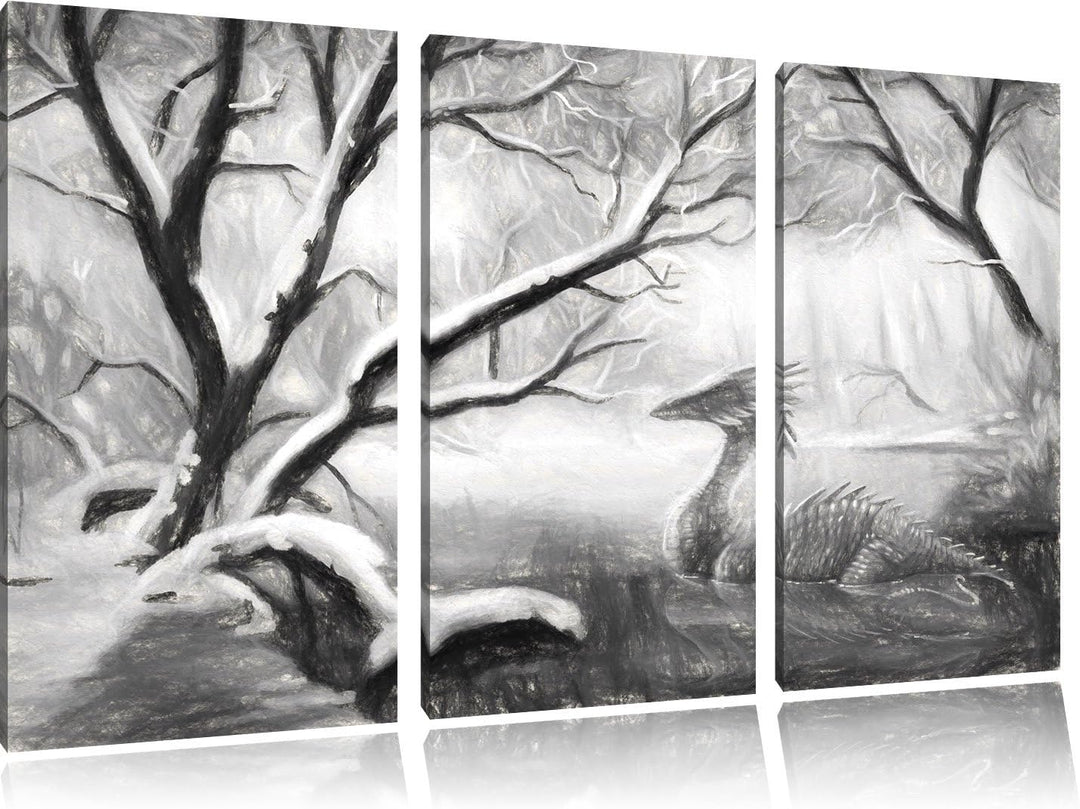 Pixxprint Drache im schneebedeckten Wald als Leinwandbild/Grösse: 3 Teilig (120x80 cm) cm/Wandbild/K