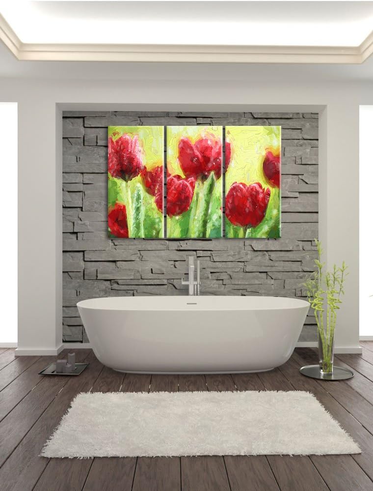 Pixxprint Rote Tulpen mit Tropfen bedeckt / 3-Teilig/Gesamtmass 120cm Leinwandbild bespannt auf Holz