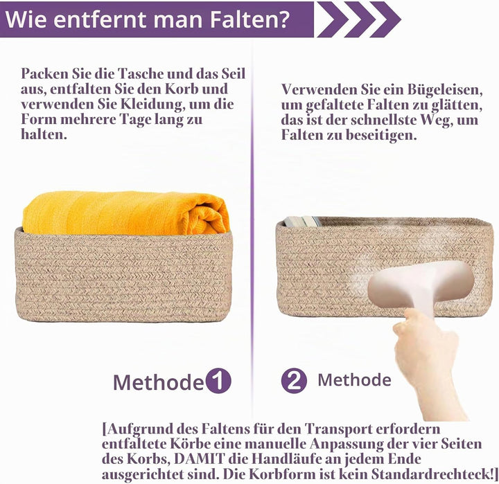 Baumwollseil Aufbewahrungskorb 3er-Set, Aufbewahrungskorb aus Baumwolle Korb Faltbare mit Griffen, S