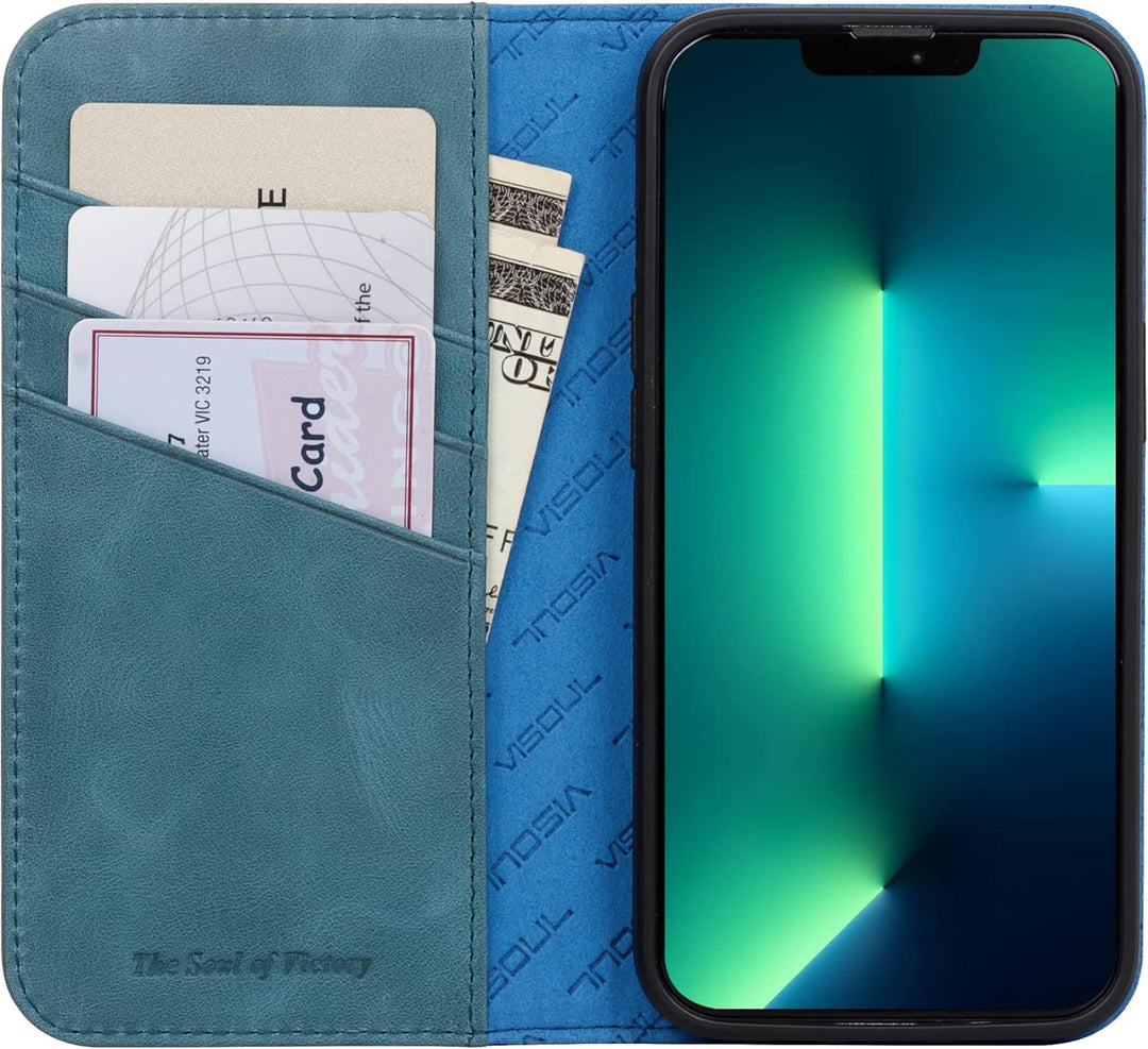 VISOUL Hülle für iPhone 13 Handyhülle Schutzhülle TPU [Erstklassiges Echtleder] [Kartenfach] [Magnet