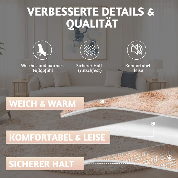 Teppich Wohnzimmer Khaki Ø 120 cm Flauschig Weich | Hochflor-Teppich, waschbar, rutschfest, weich. P