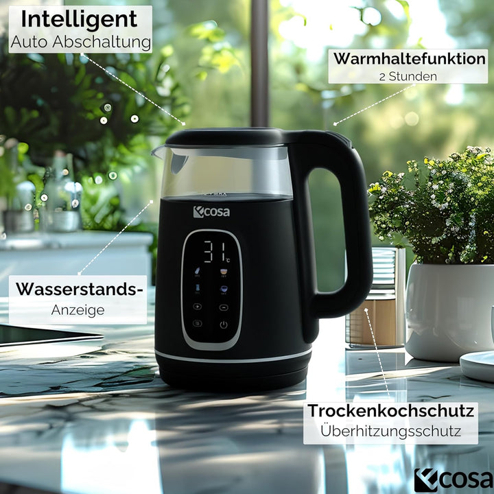 Ecosa® Wasserkocher mit Temperatureinstellung Glas Edelstahl - Teekocher - 1,7 Liter 2.200 Watt - BP