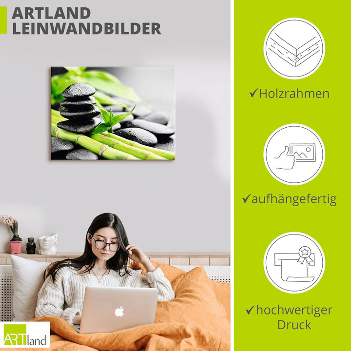 ARTland Leinwandbilder Wandbild Bild auf Leinwand 80x60 cm Asien Zen Spa Steine Bambus Asiatisch Wel