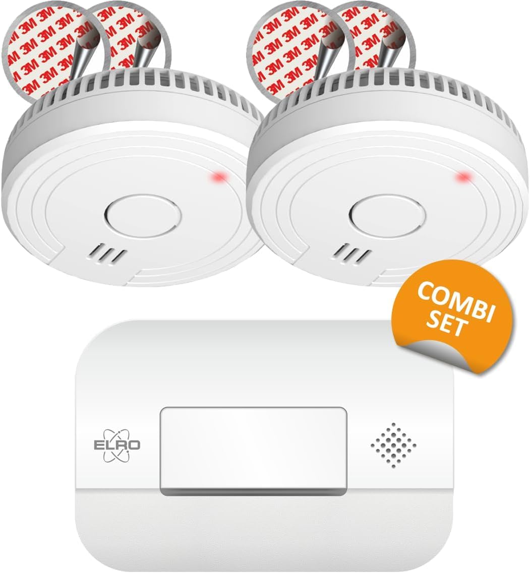ELRO FF1840 Brandschutzkit 2X Rauchmelder mit Magnetbefestigung-5 Batterie-&amp; Kohlenmonoxid-Detektor-