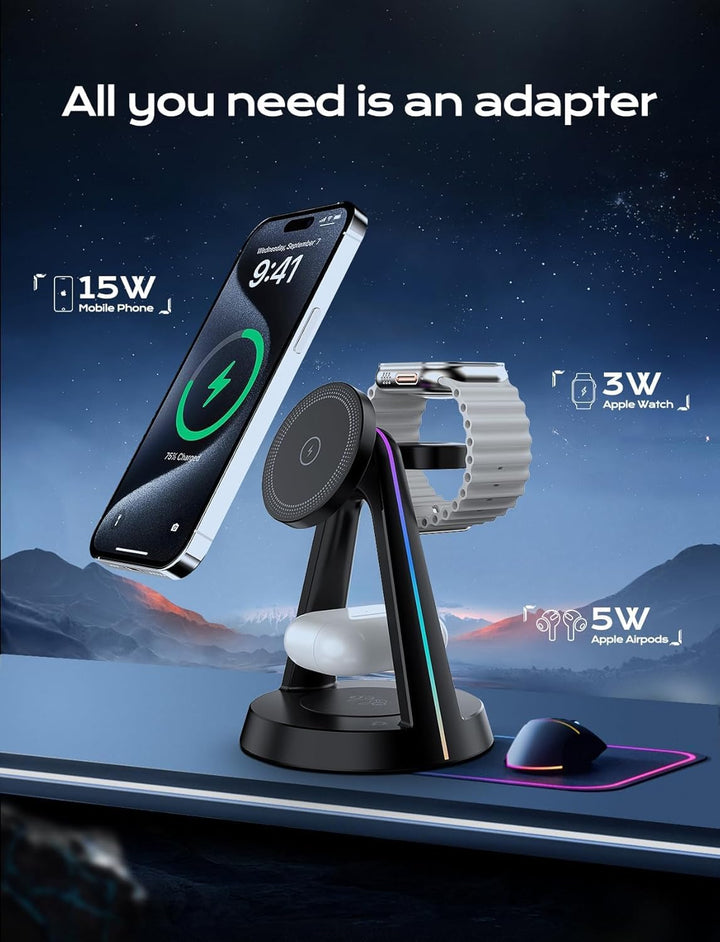 OneCut 3 in 1 Mag-Safe Kabellose Ladestation mit RGB-Licht, 15W Schnelles Magnetisches Induktives La