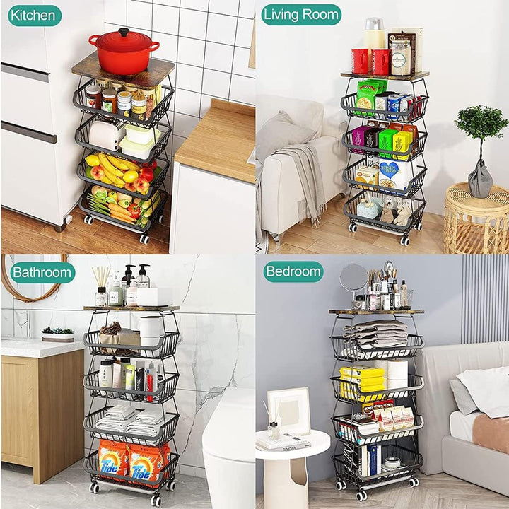 homewell 4-stufiger Gemüsekorb Obstkorb aus Kohlenstoffstahl, für Brot, Gemüse, Snacks und Obst, Pla