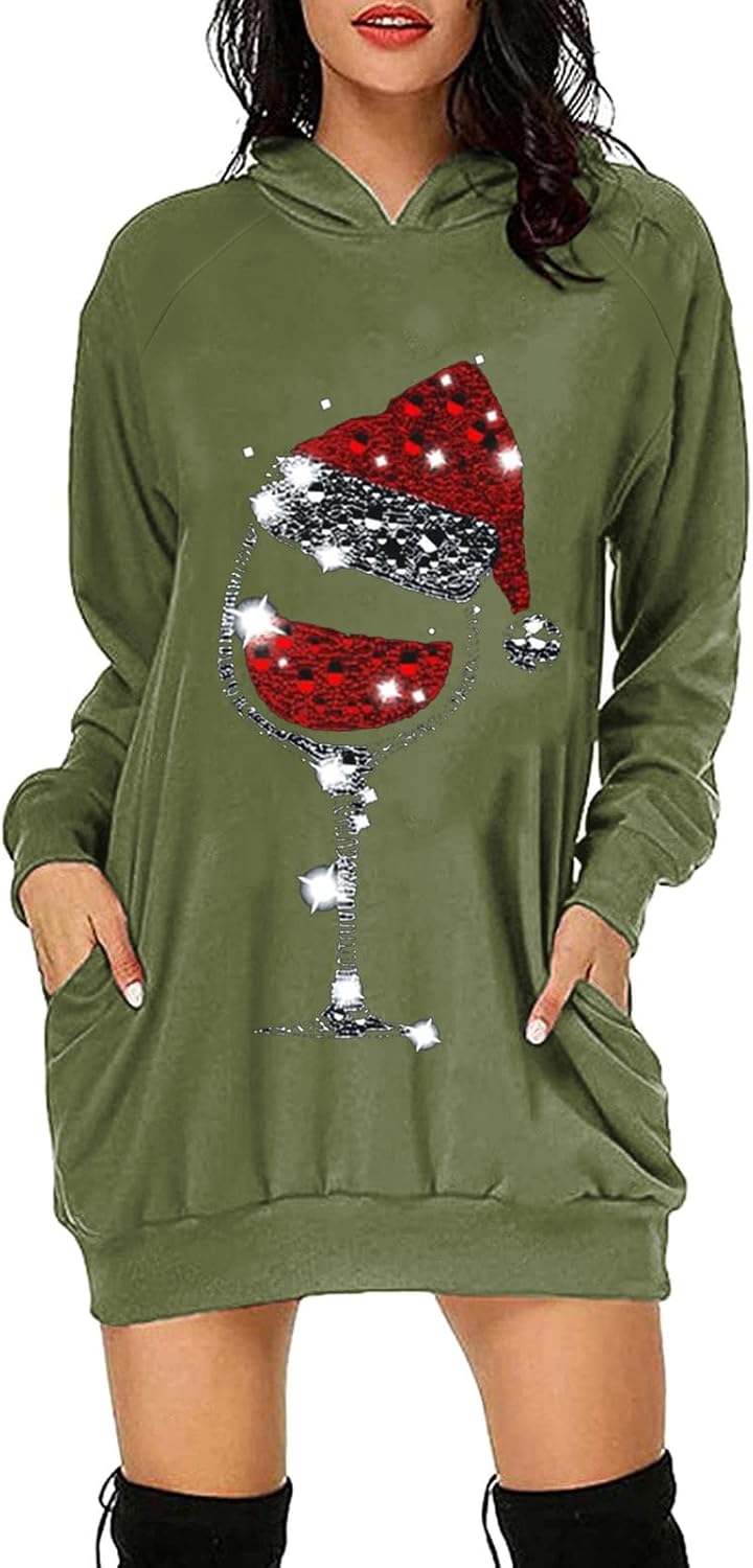 Weihnachtskleid Damen Hoodie Langarm Hoodie Kleid Sweatkleid Long Kapuzen Sweatshirt Kleider Pullove