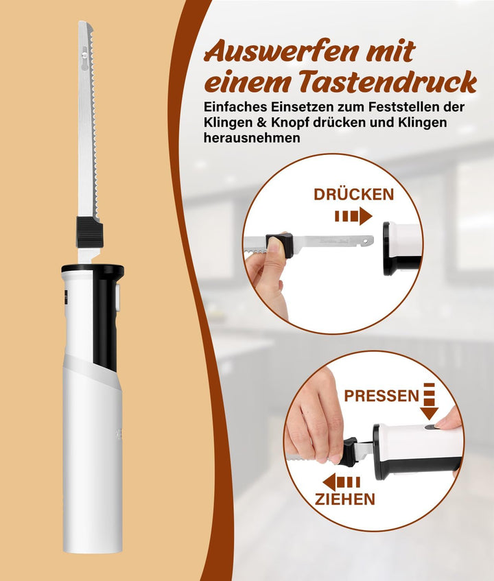 Elektromesser 8 V, Elektrisches Küchenmesser kabellos mit 2 scharfen Edelstahlklingen und Gabel, Sic