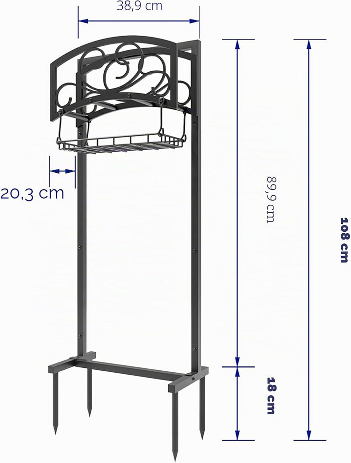 Kingson freistehender Gartenschlauchhalter mit Aufbewahrungskorb, strapazierfähiger, schwarzer pulve