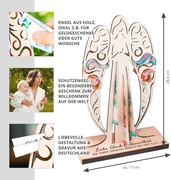 Schutzengel aus Holz zur Taufe, personalisierte Geld Engel Figur als Geschenk zur Geburt, Deko Holze