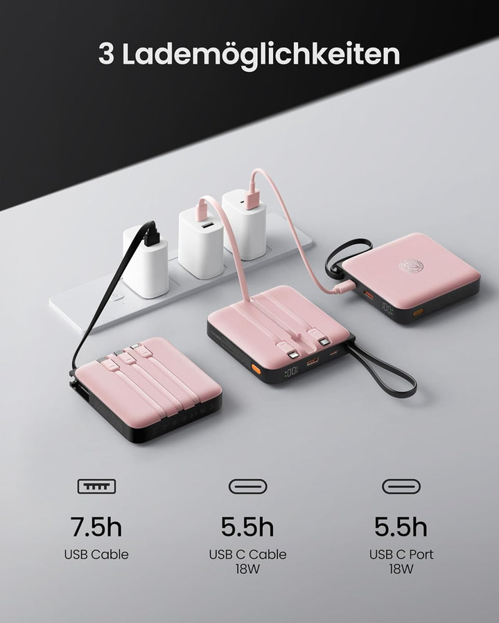 Powerbank 20000mAh USB-C 22.5W Schnellladung, Tragbarer Akku mit 4 Integrierten Kabeln & LED-Display