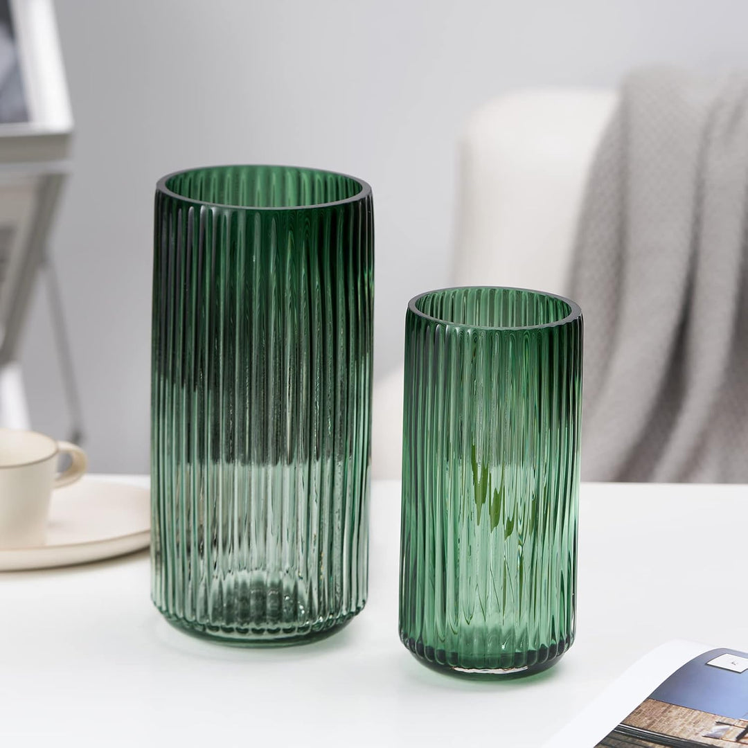 TIMEFOTO Blumenvase, 24.6 cm, grün, verdickt, handblasbare Glasvase, runde Vintage-gestreifte Flasch