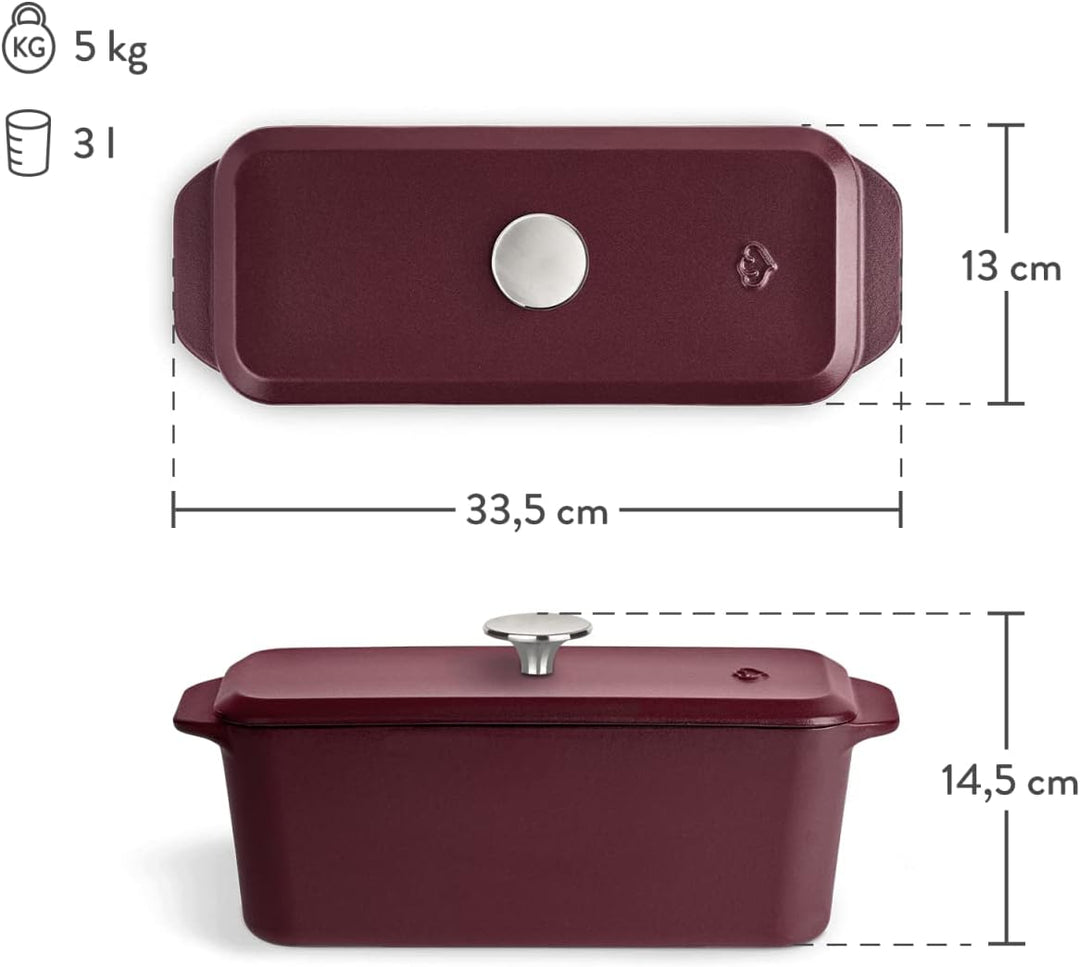 Springlane Kitchen Kastenform Gusseisen mit Deckel 3L, Emaillierte Brotbackform für saftiges Brot, P