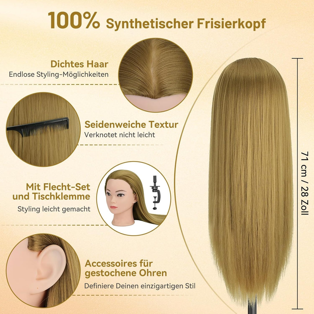 TwoWin Friseurkopf Echthaar mit Ohrlöchern, 71 cm (28 Zoll) 100% Synthetischer Mannequin Frisierkopf