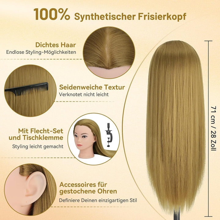 TwoWin Friseurkopf Echthaar mit Ohrlöchern, 71 cm (28 Zoll) 100% Synthetischer Mannequin Frisierkopf