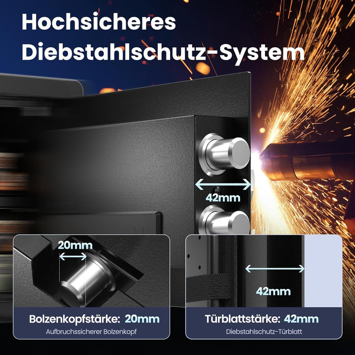 Grimtron Biometrischer Fingerabdruck-Tresor – 22L Sicherheitsbox mit LED-Beleuchtung, leisem Modus,