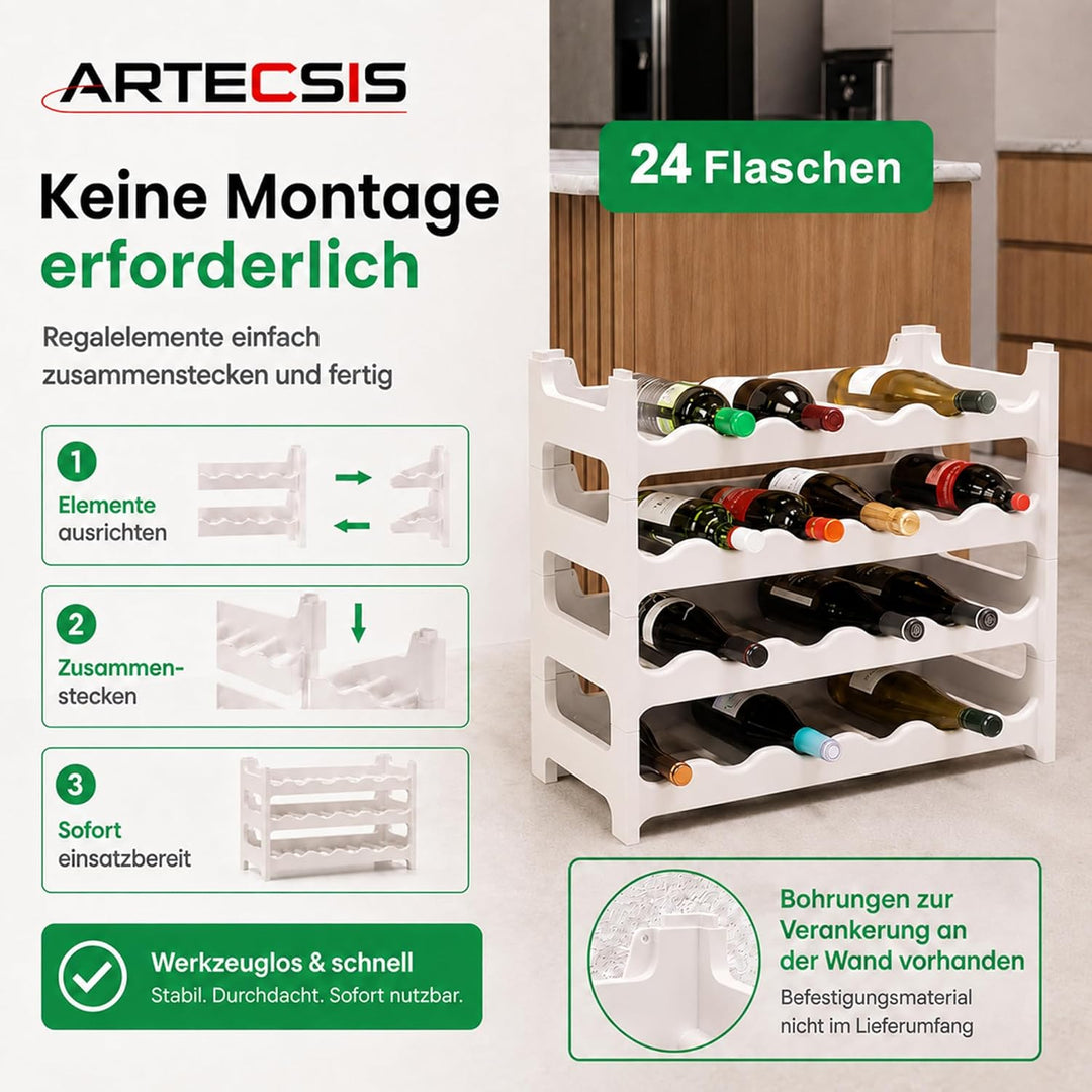 ARTECSIS® Weinregal stapelbar & modular erweiterbar Kunststoff für 24 Weinflaschen (weiss) - Stabile