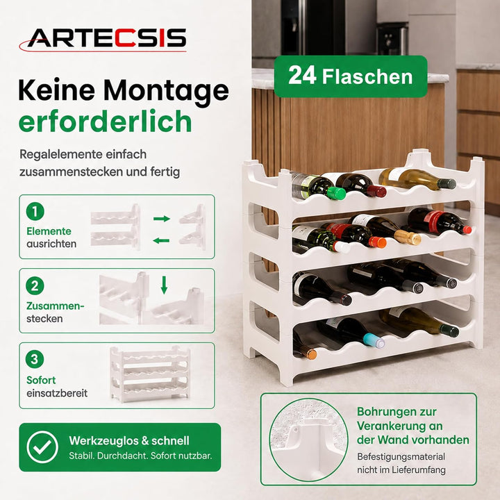 ARTECSIS® Weinregal stapelbar & modular erweiterbar Kunststoff für 24 Weinflaschen (weiss) - Stabile