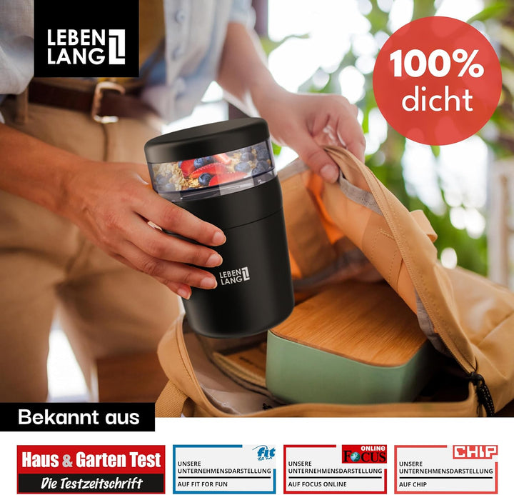 LEBENLANG 650ml Müslibecher To Go mit Löffel - Mit Isolierender Edelstahlinnenwand I Müslibox Joghur
