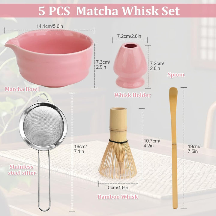 5 Stück Matcha Set, Japanisches Matcha Tee Set mit Bambusbesen, Keramik Schale mit Ausgiesser, Edels